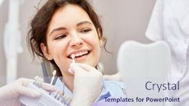  Presentation with teeth whitening - PPT theme having smiling-young-woman-in-professional background and a sky blue colored foreground