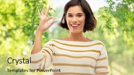  Presentation with young happy people smiling - Slides enhanced with smiling young woman in stripe background and a lemonade colored foreground