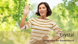  Presentation with young happy people smiling - Amazing theme having smiling young woman in stripe backdrop and a  colored foreground