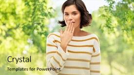  Presentation with young happy people smiling - Beautiful slide deck featuring smiling young woman in stripe backdrop and a blonde colored foreground