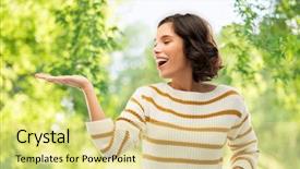  Presentation with young happy people smiling - Cool new slide set with smiling young woman in stripe backdrop and a blonde colored foreground