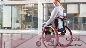  Presentation with inclusion - Presentation theme having smiling-young-woman-in-wheelchair background and a coral colored foreground