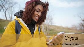  Presentation with road yellow - Slide set having smiling young woman in yellow raincoat standing on road and using smartphone background and a gold colored foreground