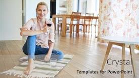  Presentation with room cleaning - PPT layouts enhanced with smiling-young-woman-is-drinking background and a mint green colored foreground