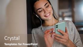  Presentation with young business woman smile show - Audience pleasing theme consisting of smiling-young-woman-listening-music backdrop and a violet colored foreground