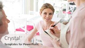  Presentation with order - Amazing slide deck having smiling young woman looking at man placing order to waitress in restaurant backdrop and a soft green colored foreground
