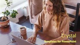 Presentation with computer network - Slide set featuring smiling-young-woman-looking background and a tawny brown colored foreground