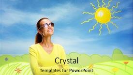  Presentation with cartoon - Beautiful slide set featuring smiling young woman on cartoon backdrop and a  colored foreground