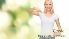  Presentation with design - Slides featuring smiling young woman pointing finger background and a  colored foreground