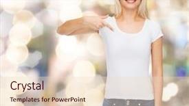  Presentation with design - Colorful PPT layouts enhanced with smiling young woman pointing finger backdrop and a  colored foreground