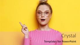  Presentation with yellow color - Slide deck enhanced with smiling-young-woman-pointing background and a  colored foreground