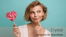  Presentation with lollipop - PPT theme consisting of smiling-young-woman-posing background and a coral colored foreground