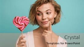  Presentation with lollipop - Presentation consisting of smiling-young-woman-posing background and a coral colored foreground