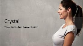  Presentation with young business woman smile show - Presentation design featuring smiling young woman profile portrait background and a light gray colored foreground