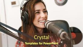  Presentation with podcast - Beautiful slide deck featuring smiling-young-woman-radio-host backdrop and a tawny brown colored foreground