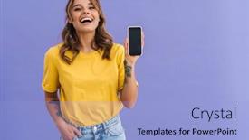  Presentation with blank - PPT theme with smiling-young-woman-showing-blank background and a light blue colored foreground