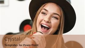  Presentation with young sing woman singing young - Slide deck enhanced with smiling-young-woman-singer-singing background and a coral colored foreground