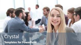  Presentation with meeting table - Presentation theme having smiling-young-woman-sitting-near background and a ocean colored foreground