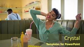  Presentation with restaurent - Amazing slide deck having smiling-young-woman-sitting backdrop and a tawny brown colored foreground