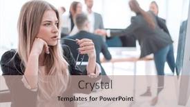  Presentation with woman office desk - Amazing presentation design having smiling-young-woman-sitting backdrop and a coral colored foreground