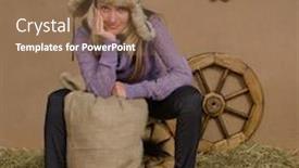  Presentation with rural - Slide set with smiling young woman sitting on firewood stack in a shed with rural interior background and a coral colored foreground