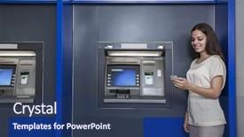 Presentation with atm - Slide deck enhanced with smiling young woman standing in front of atm and looking at her phone background and a ocean colored foreground
