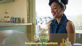  Presentation with milkshake - PPT theme with smiling-young-woman-using-laptop background and a tawny brown colored foreground