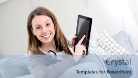  Presentation with tablet - Presentation theme featuring smiling-young-woman-websurfing background and a light blue colored foreground