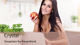  Presentation with apple - PPT theme consisting of smiling young woman with apple background and a coral colored foreground