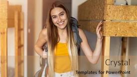  Presentation with hostel - Slides having smiling-young-woman-with-backpack background and a coral colored foreground