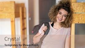  Presentation with youth - PPT layouts having smiling-young-woman-with-backpack background and a coral colored foreground