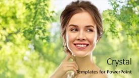  Presentation with green beauty - Amazing PPT theme having smiling young woman with bare backdrop and a  colored foreground