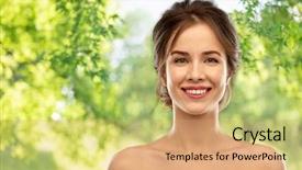 Presentation with green beauty - PPT theme featuring smiling young woman with bare background and a coral colored foreground