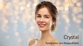  Presentation with nail salon beauty nails concept - Audience pleasing presentation design consisting of smiling young woman with bare backdrop and a coral colored foreground