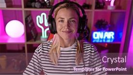  Presentation with hair - Presentation theme enhanced with smiling-young-woman-with-blonde background and a violet colored foreground