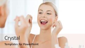  Presentation with dental floss - PPT theme consisting of smiling young woman with floss background and a coral colored foreground