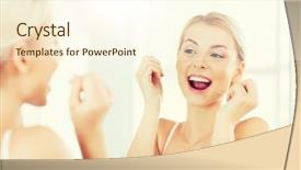  Presentation with dental hygiene - Audience pleasing PPT layouts consisting of smiling young woman with floss backdrop and a cream colored foreground