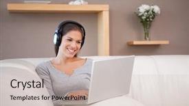  Presentation with social isolation - Cool new PPT layouts with smiling young woman with headphones backdrop and a  colored foreground