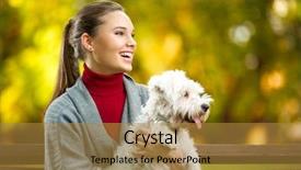  Presentation with dog park - PPT theme featuring smiling-young-woman-with-maltezer background and a gold colored foreground