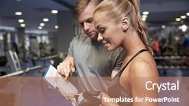  Presentation with woman sport - PPT theme having smiling young woman with personal background and a coral colored foreground