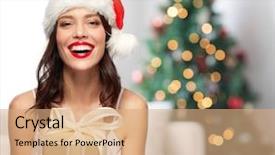  Presentation with red christmas holiday illustration - Slides enhanced with smiling young woman with red background and a coral colored foreground