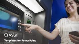  Presentation with atm - Theme enhanced with smiling young woman withdrawing money background and a  colored foreground