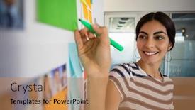  Presentation with creative writing - Colorful slides enhanced with smiling young woman writing on sticky note in creative office backdrop and a coral colored foreground