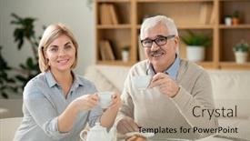  Presentation with senior living - Cool new slide set with smiling-young-woman backdrop and a coral colored foreground