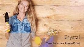  Presentation with garden tools - Slide set having smiling-young-woman background and a  colored foreground