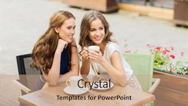  Presentation with people talking - Beautiful presentation theme featuring smiling young women drinking coffee backdrop and a coral colored foreground