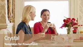  Presentation with dining table - Beautiful PPT theme featuring smiling young women having tea backdrop and a coral colored foreground