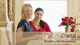  Presentation with dining table - Colorful theme enhanced with smiling young women having tea backdrop and a coral colored foreground