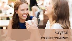  Presentation with friendship - Audience pleasing PPT theme consisting of smiling young women with coffee backdrop and a coral colored foreground