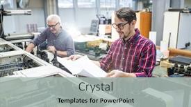  Presentation with worker - PPT layouts featuring smiling-young-worker-in-casual background and a light gray colored foreground